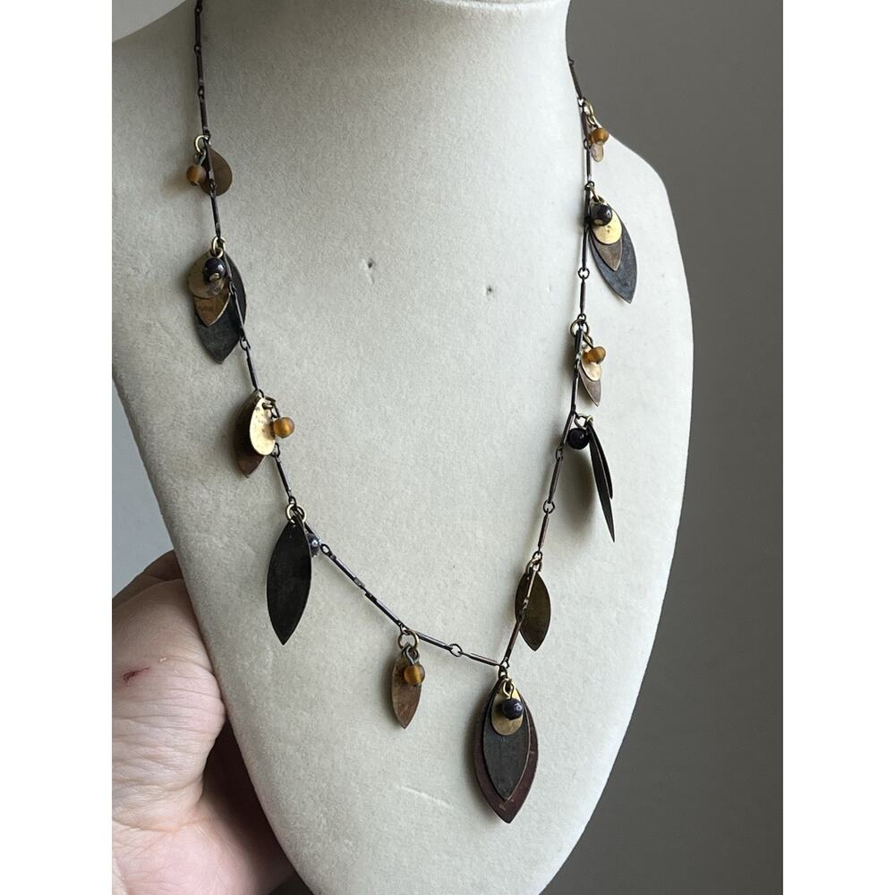 Avon Burnished Fashion Drop Leaves Necklace Rustic Mixed Metal Look